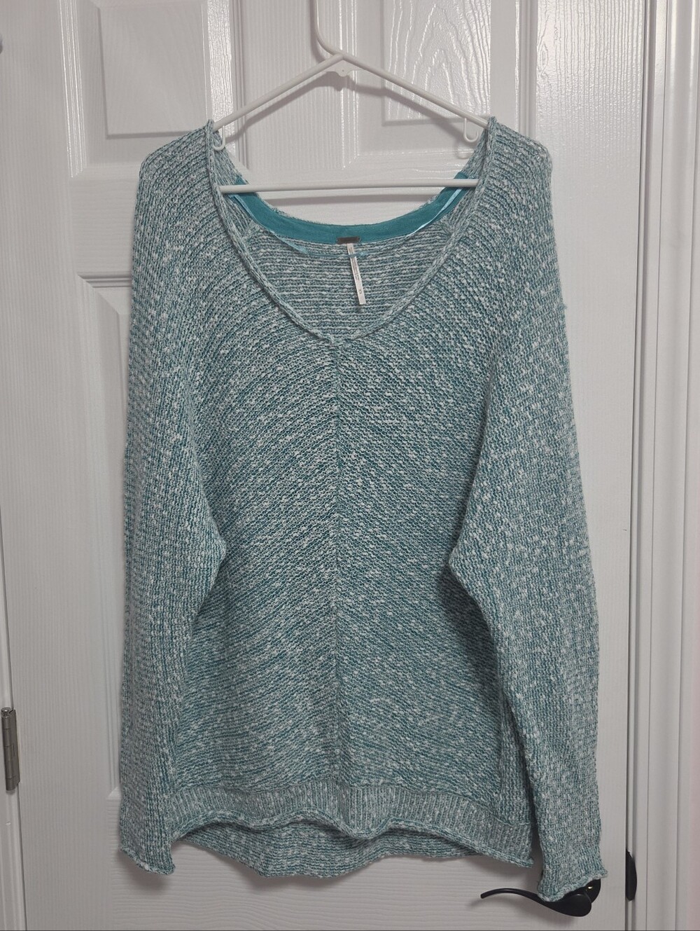 Free People Bright Lights Teal Marled Oversized V Neck Boho Coastal Sweater Med